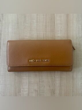 Michael Kors Tan Leather Flap Wallet with Gold Logo